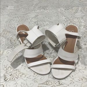 White ankle cuff double strap heels